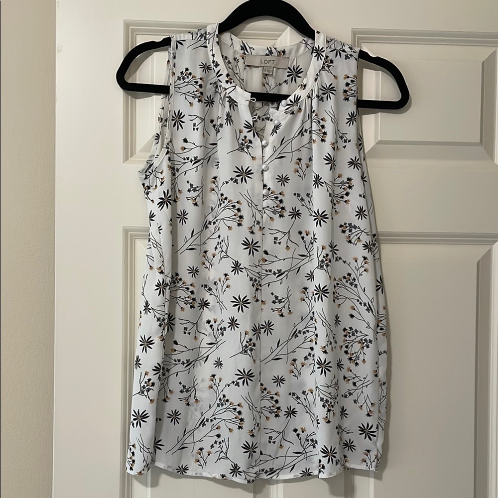 LOFT Black and White Sleeveless Blouse with Mandarin Collar